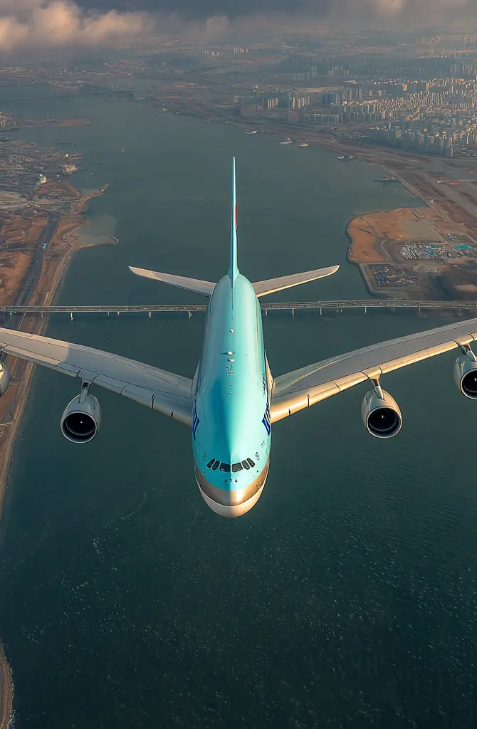 A Korean Air aircraft flying over Incheon