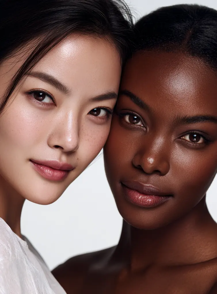 Two women with luminous skin, one Korean and one Black