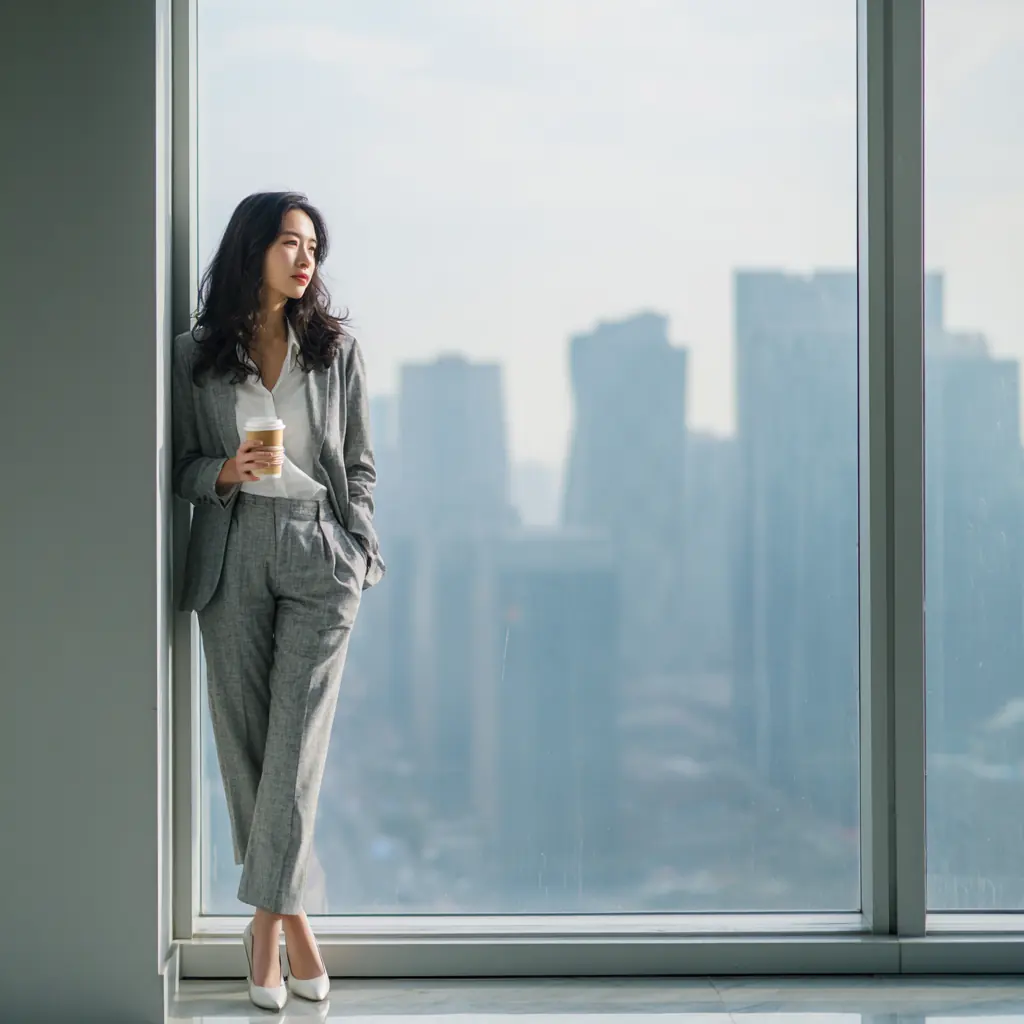 A businesswoman overlooking the Seoul skyline